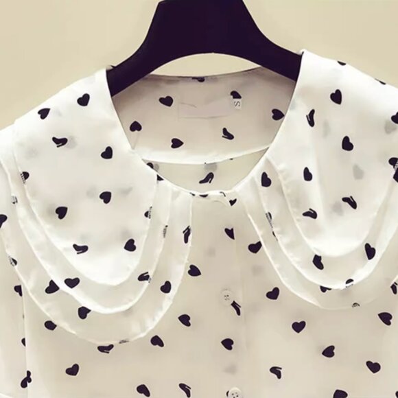 Women's Heart Print Layered Sailor Collar Butterfly Short Sleeves Blouse Shirt - Picture 4 of 9